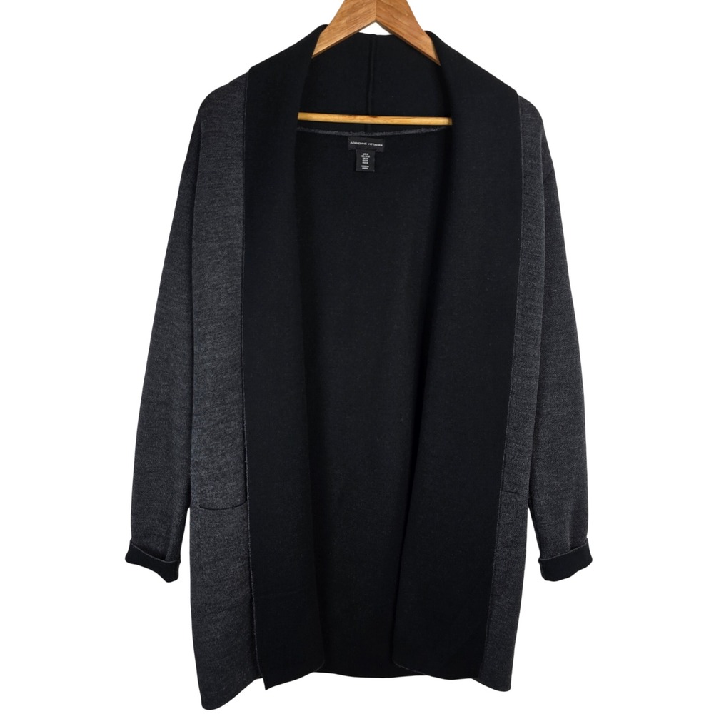 Adrienne Vittadini Merino Wool Blend Open‎ Front Cardigan Gray Black Medium